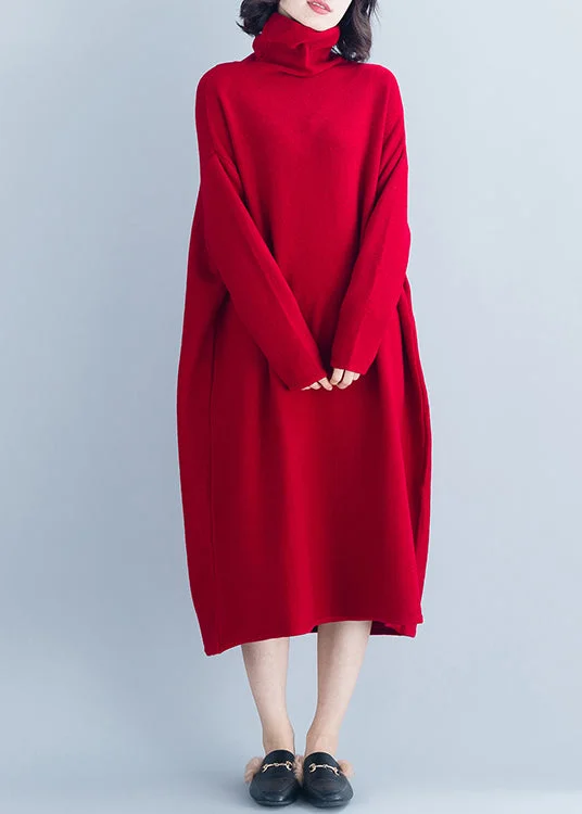 Trendy Looks Boutique Red Hign Neck Patchwork Long Knit Dress Winter