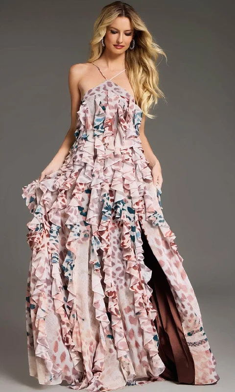 Cozy Knits Jovani 39822 - Halter Neck Tiered Ruffle Prom Gown
