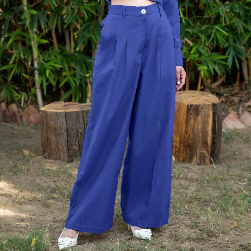 Effortless Outfits Royal Blue Cotton Poplin High-Rise Elasticated Pleated Wide Legged Pant