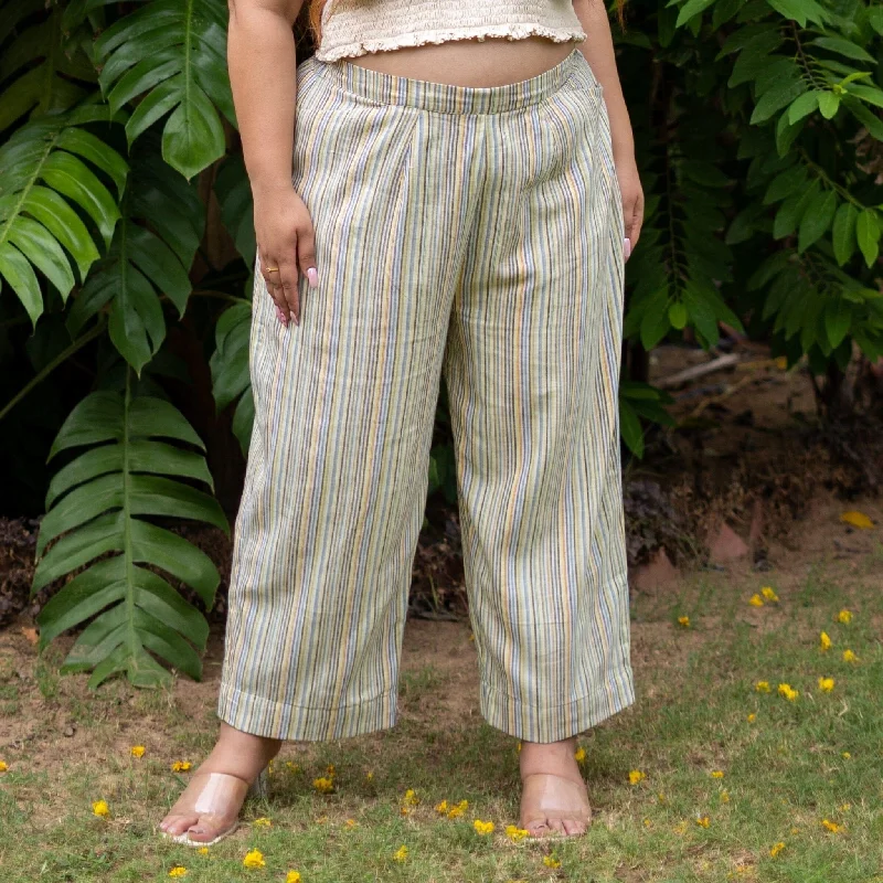 Casual Fit Multicolor Striped Handspun Cotton High-Rise Elasticated Straight Pant