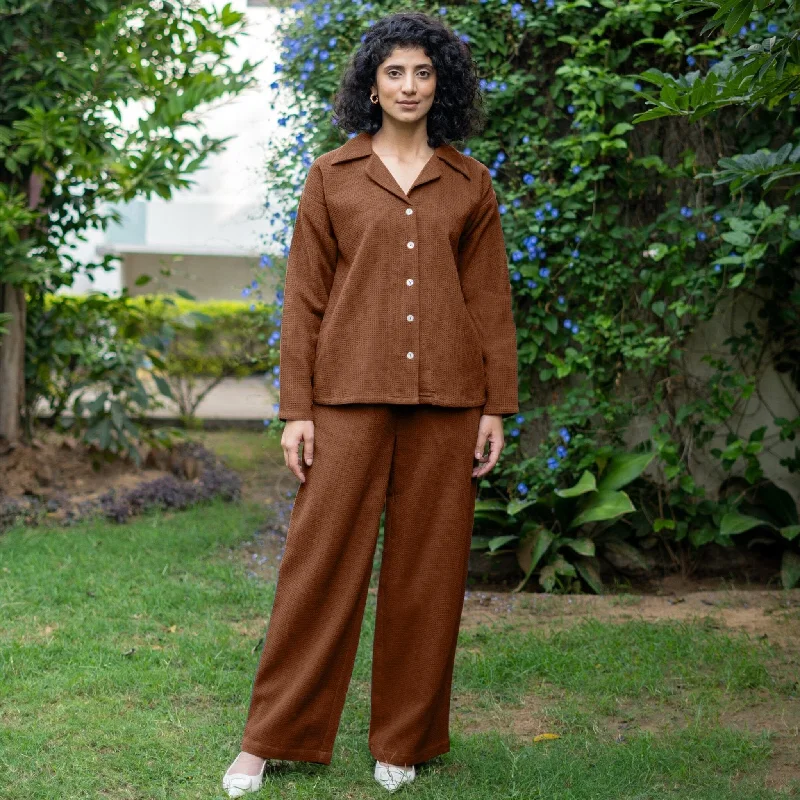 Fashionable Comfort Brown Warm Cotton Waffle High-Rise  Elasticated Pant