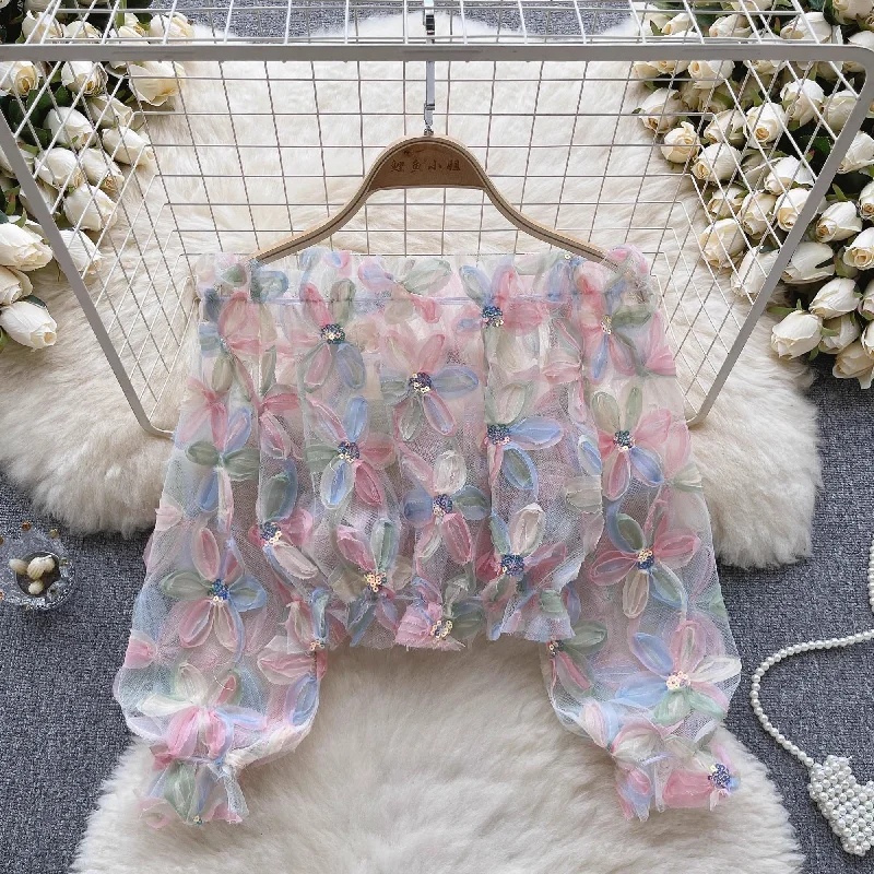 Cozy Lifestyle long-sleeved flower mesh shirt for women chic top    S4656