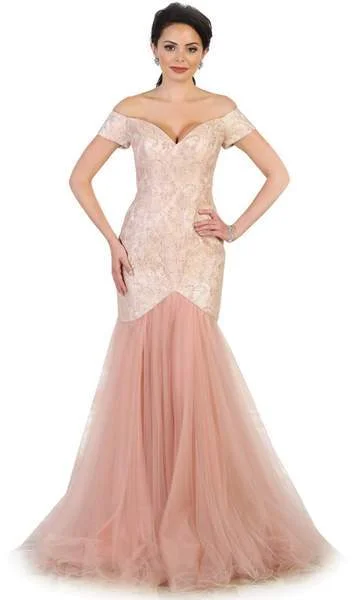 Easy-to-Wear May Queen - V-neck/Off-Shoulder Mermaid Evening Dress MQ1495 - 1 pc Burgundy in Size 6 Available