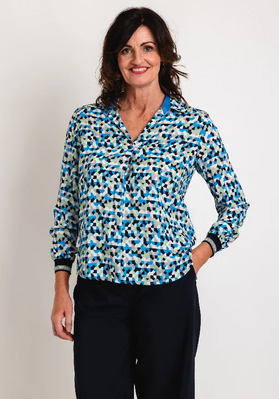 Warm Wear Bianca V-Neck Geo Print Top, Blue