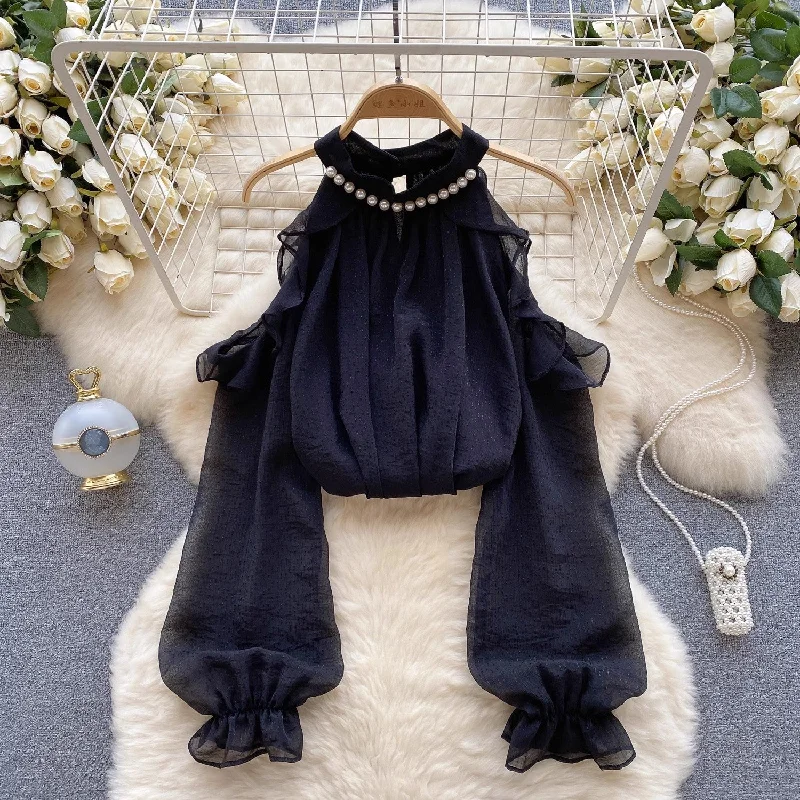 Light Layers chiffon top women's long-sleeved beaded halterneck shirt     S4594