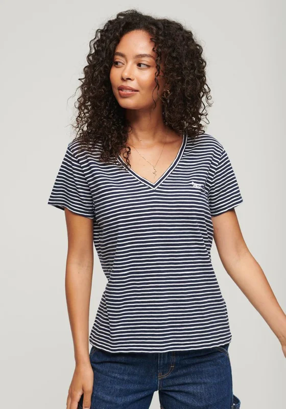 Elegant Fit Superdry V-Neck Slub Embroidered T-Shirt, Optic Stripe