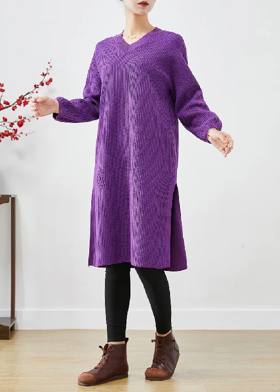 Simple Comfort Modern Purple V Neck Side Open Knit Mid Dress Fall