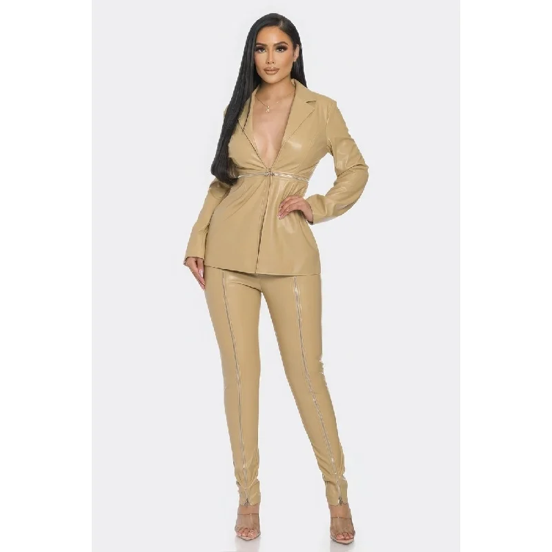 Stylish Jackets Pu Leather Zipper Pant Set