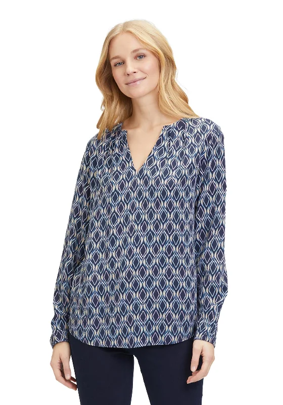 Easy Chic Wear Betty Barclay V-Split Neckline Ogee Print Top, Dark Blue