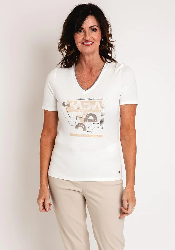 Cozy Knits Barbara Lebek Rhinestone Print V neck Top, White