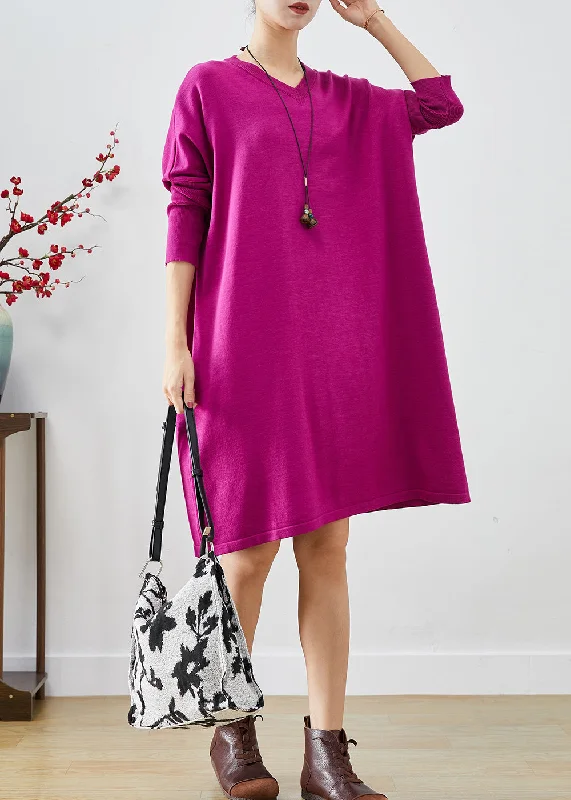 Cozy Apparel Boutique Purple V Neck Oversized Knit Dress Batwing Sleeve