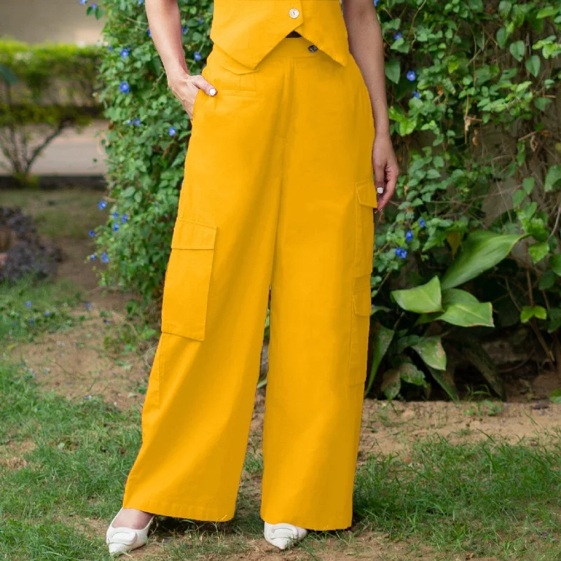 Casual Comfort Yellow Cotton Poplin High-Rise Elasticated Wide Legged Cargo Pant