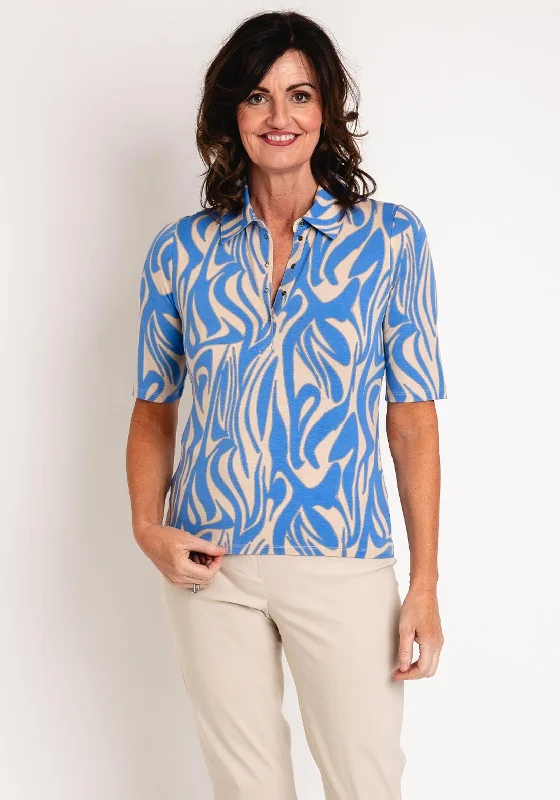Weekend Comfort Barbara Lebek Printed Shirt Collar Top, Blue