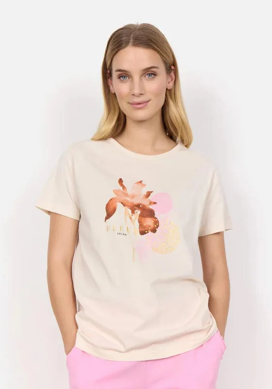 Comfortable Lounge Wear Soyaconcept Derby Flower Print T-Shirt, Coral