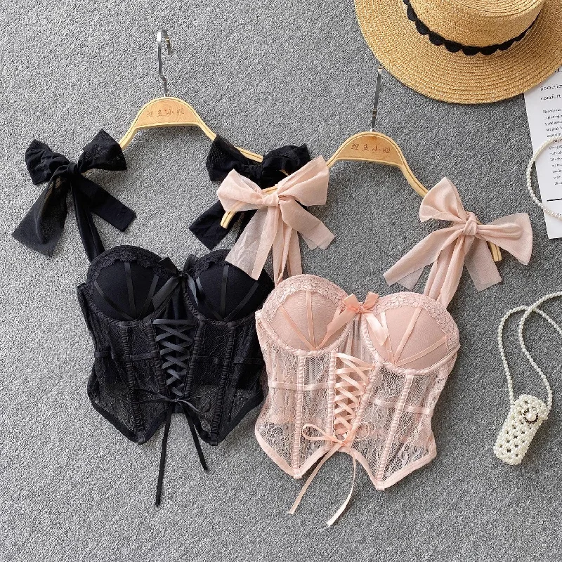 Comfortable Jeans Hot Girl Style Tube Top Women's Lace Mesh Strap Bow Design Top      S4620