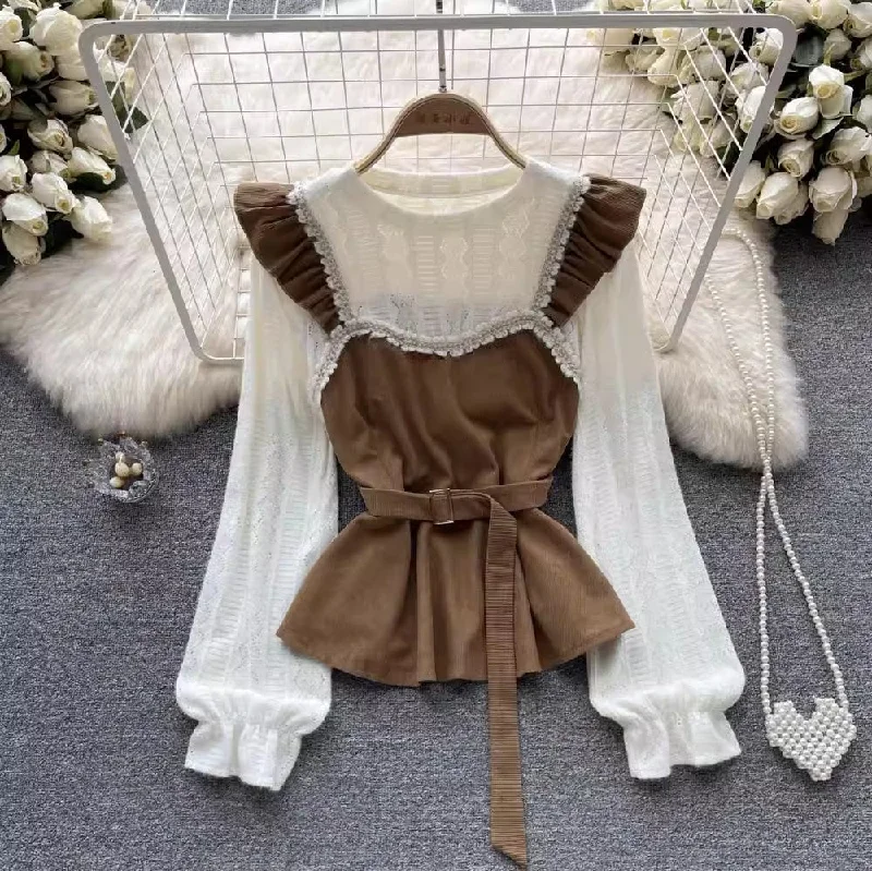 Cozy Fashions lace shirt women's long-sleeved ruffled sweet shirt trendy     S4644