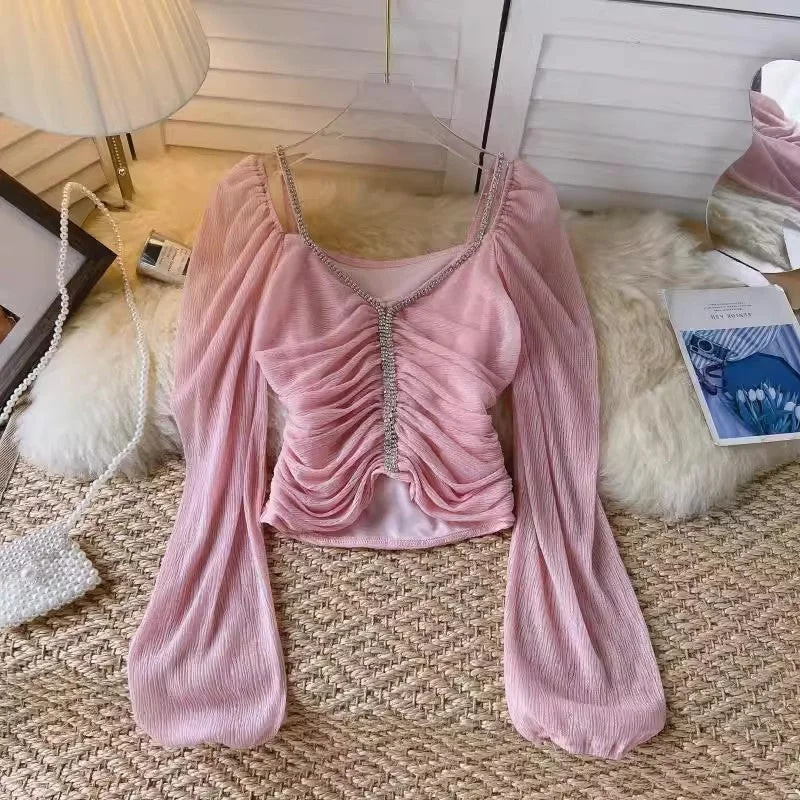 Cozy Fitting design beaded off-shoulder lantern sleeve shirt top women's short pleated top    S4662