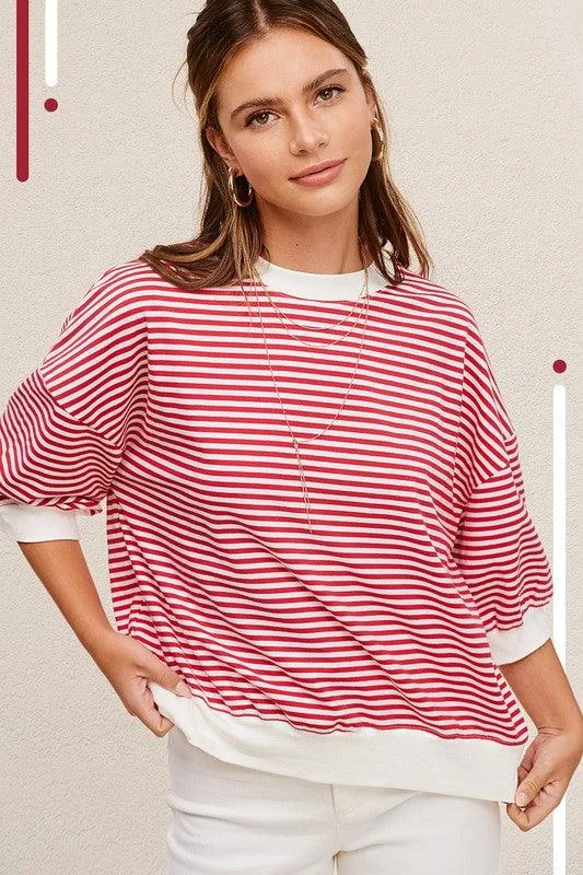 Comfortable Jackets Crew Neck Stripe Short Sleeve Top