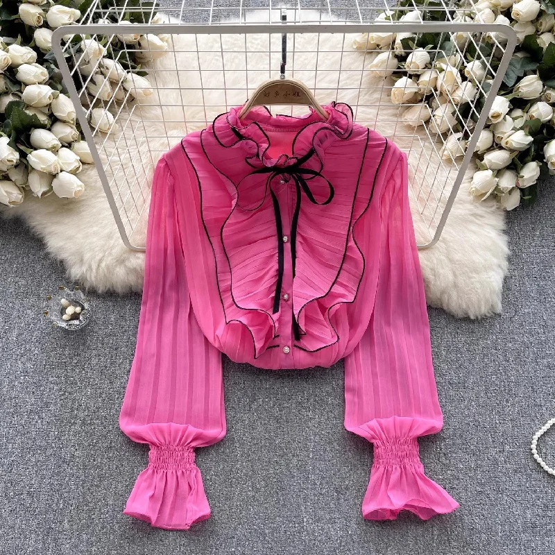 Comfortable Dresses Chiffon shirt new women's long-sleeved tops pleated bell-sleeved shirt for women   S4635