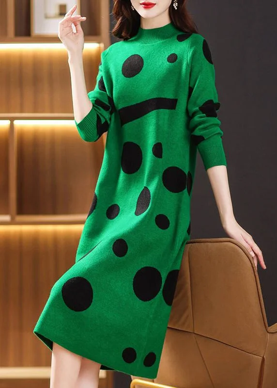 Cozy Chic Wear Green Dot Print Patchwork Knit Sweater Dress Turtleneck Long Sleeve