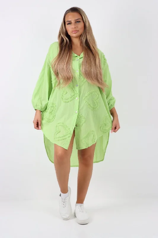 Cozy Fit Wear Multi Heart Print Dip Hem Button Down Cotton Shirt Dress