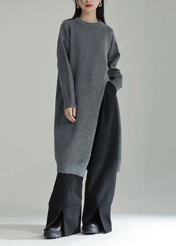 Fashion Comfort Italian Grey O Neck Side Open Patchwork Knit Dresses Winter