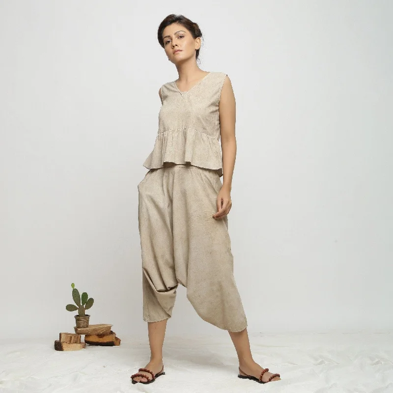 Warm Wear Beige Dabu Print 100% Cotton Elasticated Zouave Pant