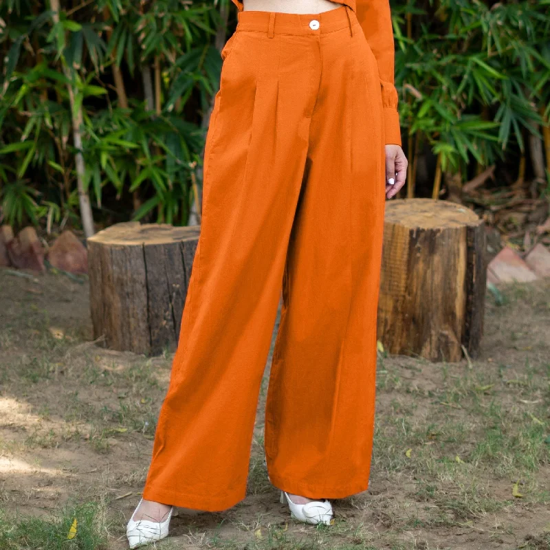Light Comfort Orange Cotton Poplin High-Rise Elasticated Pleated Wide Legged Pant