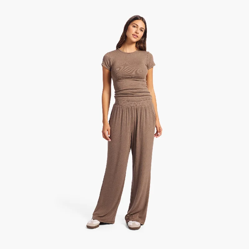 Breathable Style Slinky Rib Wide Leg Pant | Mocha