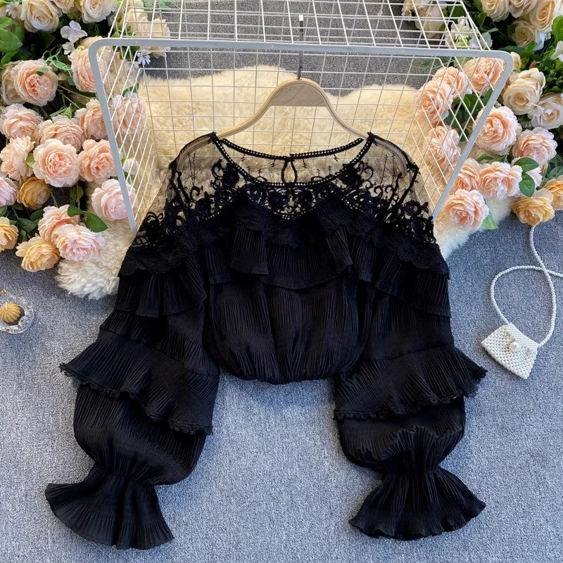 Relaxed Fashion French gentle style top for women see-through ruffled puff sleeve chiffon top     S4621
