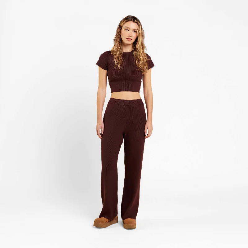 Trendy Comfort Wear Ribbed Sweater Wide Leg Pant | Coffee