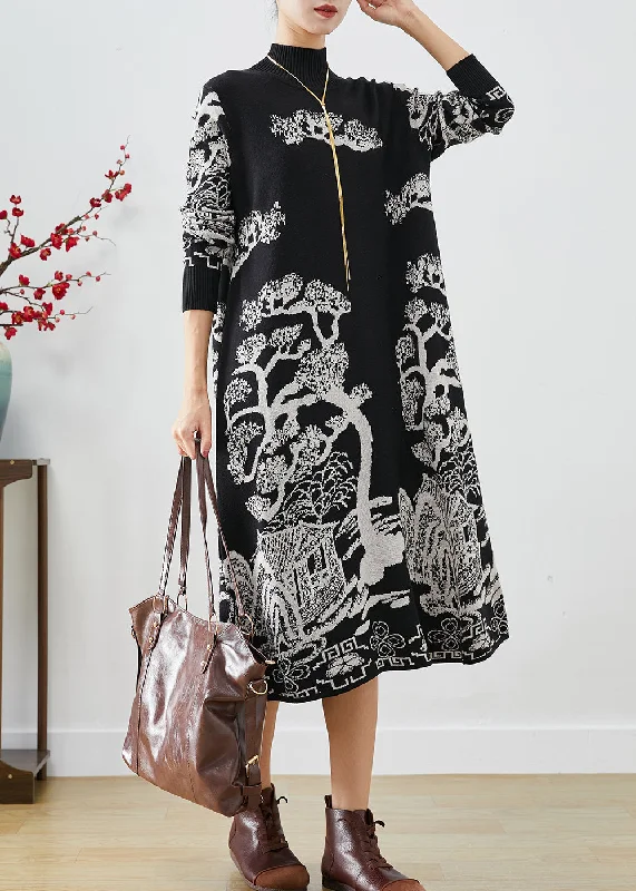 Weekend Comfort Chic Black High Neck Print Knit Sweater Dress Fall
