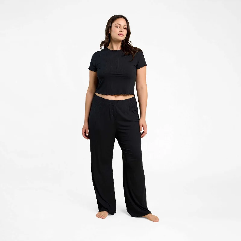 Cozy Fashions Mini Rib Wide Leg Pant | Black