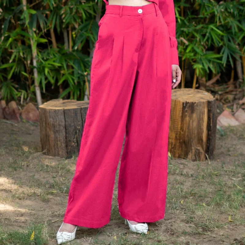 Soft Layers Pink Cotton Poplin High-Rise Elasticated Pleated Wide Legged Pant