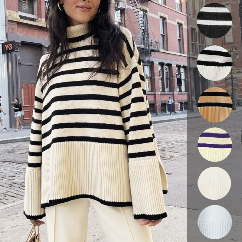 Relaxed Looks Fashion High Neck Striped Pullover Sweaters