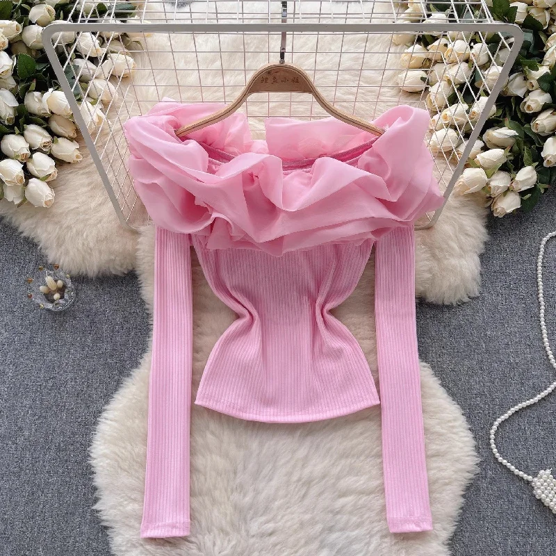 Easy Comfort Style knitted long-sleeved T-shirt for women design top      S4605