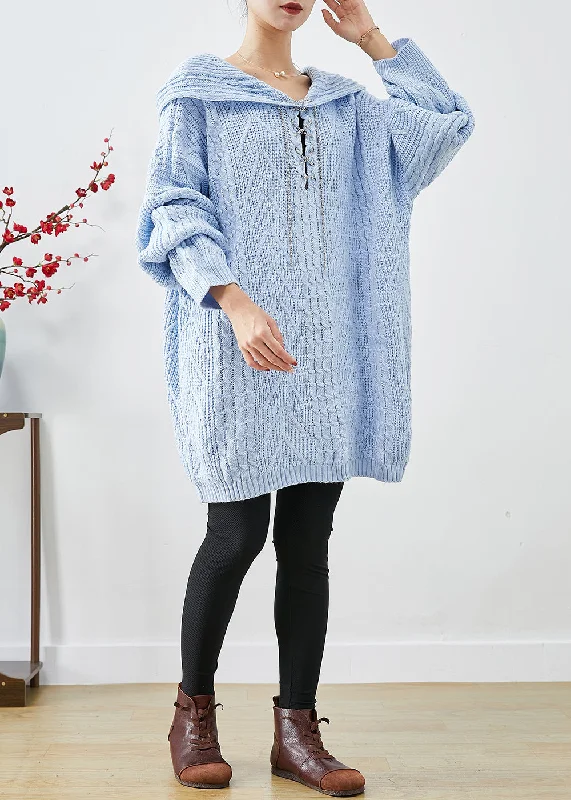 Soft Comfort Chic Sky Blue Hooded Oversized Knit Sweater Dress Fall