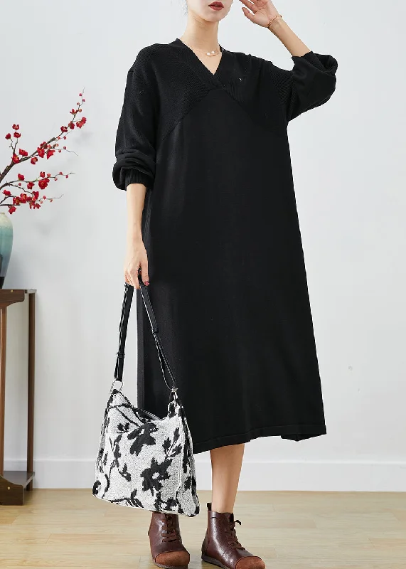 Comfortable Sweaters Black Patchwork Knitted Dress V Neck Slim Fit Fall