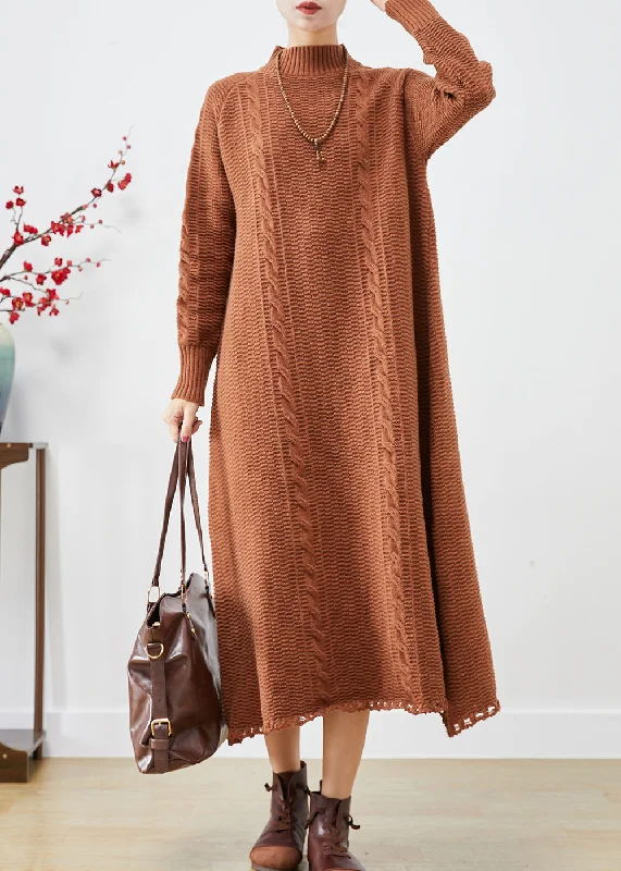 Urban Chic French Khaki High Neck Cable Knit Sweater Dress Winter
