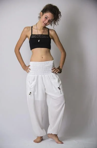 Trendy Dresses Womens Solid Color Smocked Waist Pants in White