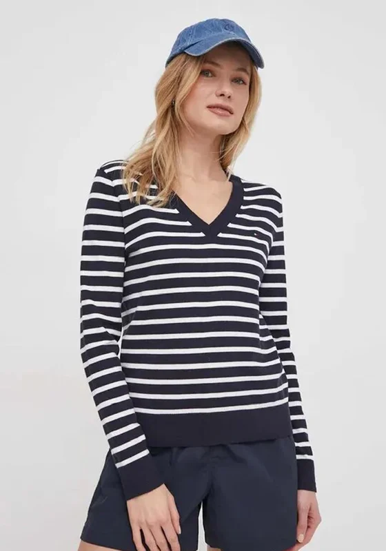 Versatile Casuals Tommy Hilfiger Womens V-Neck Jersey Stitch Sweater, Navy
