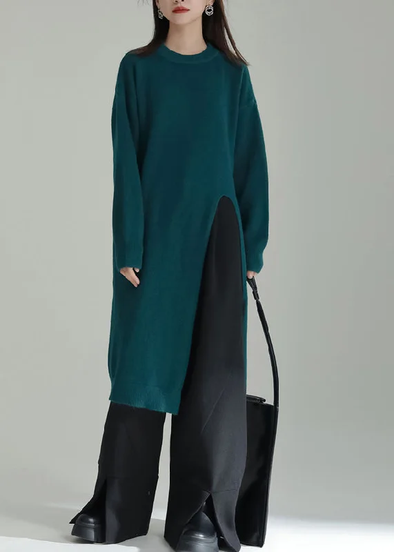 Relaxed Fashion Green Patchwork Chic Knit Dresses O Neck Side Open Winter
