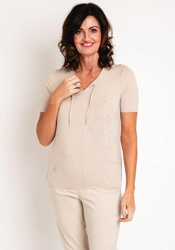Versatile Outfits Barbara Lebek Rhinestone Drawstring Neck Top, Neutral