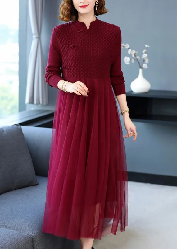 Easygoing Fashion Women Wine Red Wrinkled Patchwork Knit Sweater Dress Long Sleeve