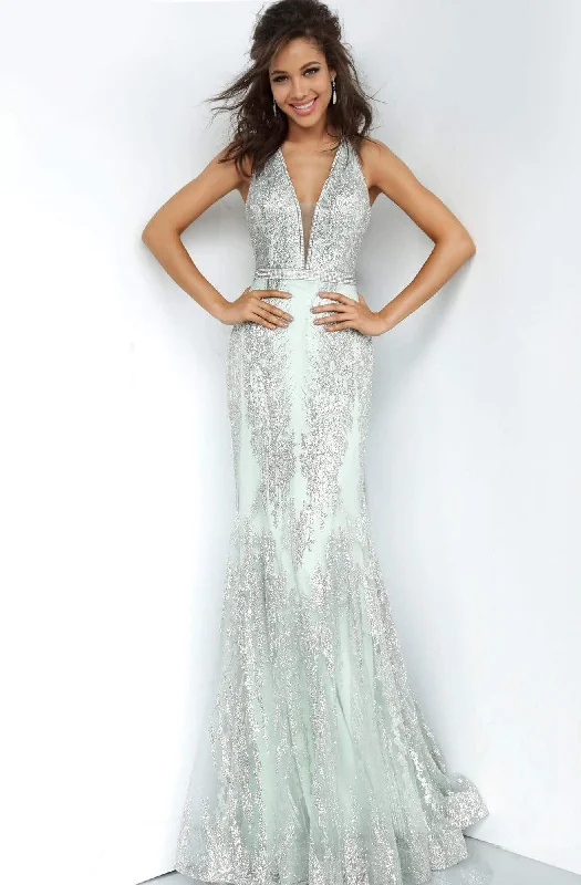Soft Looks JVN by Jovani - JVN3663 Bedazzled Deep V-neck Trumpet Dress