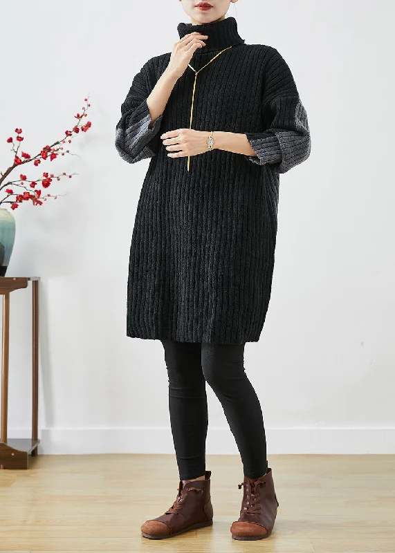 Soft Layers Italian Black Grey Turtle Neck Patchwork Knit Wear On Both Sides Sweater Dress Winter