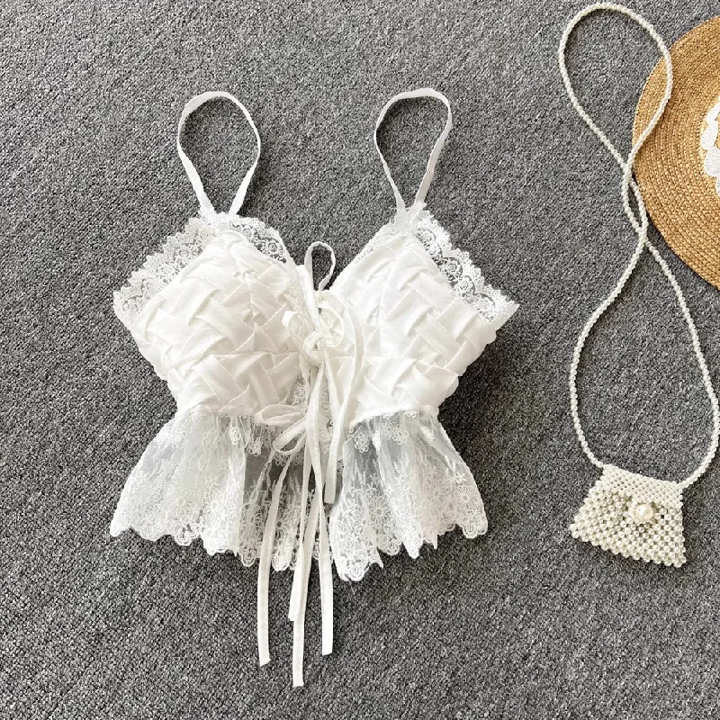 Light Dressing sweet lace V-neck tie short design trendy top     S4598
