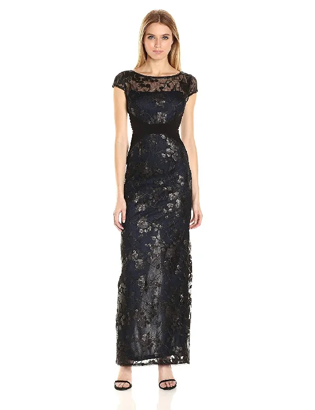 Classic Comfort Adrianna Papell - Illusion Cap Sleeve Sequined Floral Gown AP1E200799 - 1 pc Black Navy In Size 10 Available