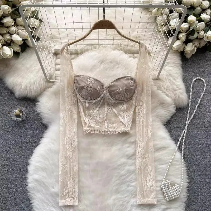 Comfortable Sweaters new long-sleeved lace embroidery square collar short  lace shirt for women sweet top      S4645
