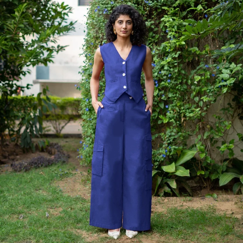 Timeless Style Royal Blue Cotton Poplin High-Rise Elasticated Wide Legged Cargo Pant